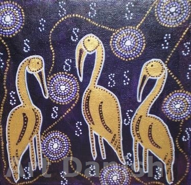6-aboriginalmalerie  THREE GOLDEN BIRDS Acryl på lærred   20X20cm