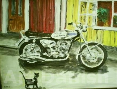1960 Kawasaki 500 motorcykel oil painting on board by Artist thomas nordström