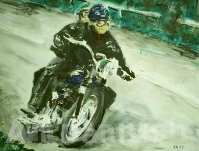 14003 Triumph motorcykel oil painting on board 42 x 32 cm by Artist thomas nordström