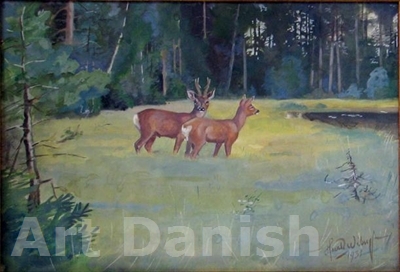 8155 Harald Wiberg, Rådjur i skogslandskap 32x22 akvarell