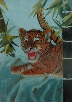 SOLGT, Tigerunge i Akvarel Malet af Kunstmaler Inge Marie Jensen. SOLGT til Amager