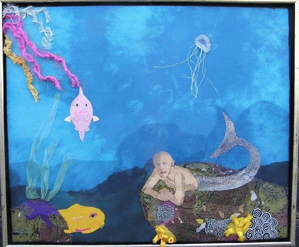 Fabric picture, The  merman in the coralreef, 60 cm x 50 cm, er i svæveramme, kr. 6000,-,  Kirsten Venø tilsalg i Galleri Art Danish